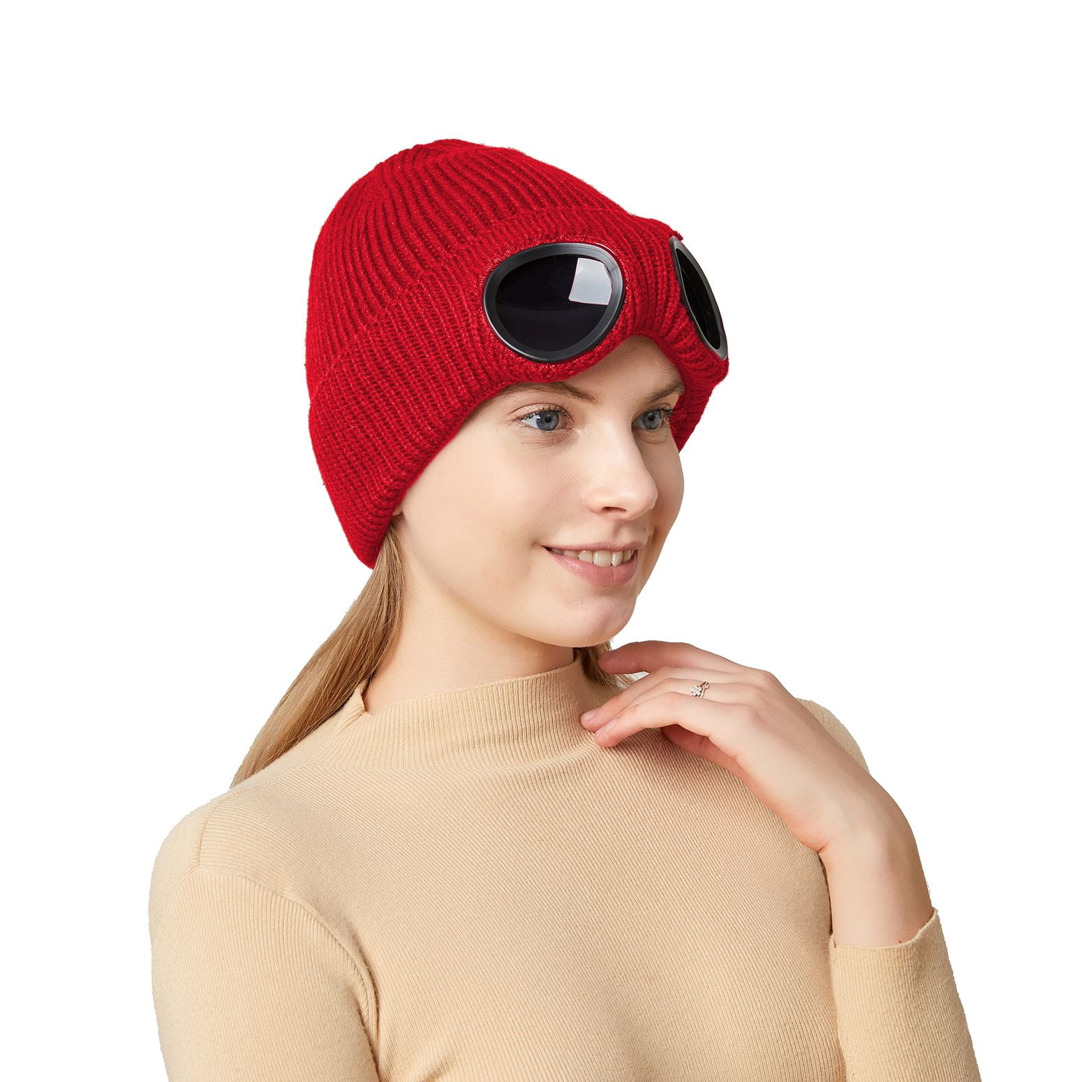 SWSMCLT Men s Aviator Hat With Goggles Women s Unisex Cold Weather Skullies Beanies Ski Knit Beanie Mask Alient Fleece Lined Red One Size Walmart