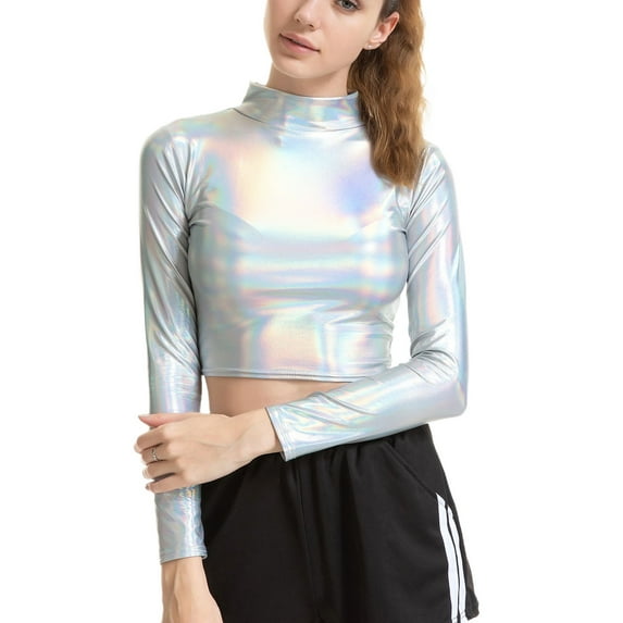 Jdlsppl Men's Long Sleeve T Shirt Halloween Metallic Crop Top High Neck Outfit Mardi Gras Soft Sexy Summer Blouse Light Blue X-Large