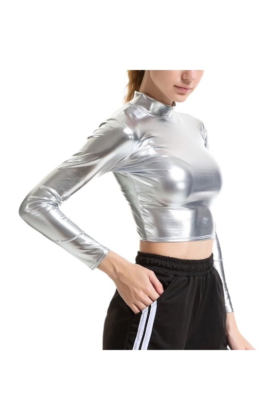Jdlsppl Men's Long Sleeve T Shirt Halloween Metallic Crop Top High Neck Outfit Mardi Gras Soft Sexy Summer Blouse Silver X-Large