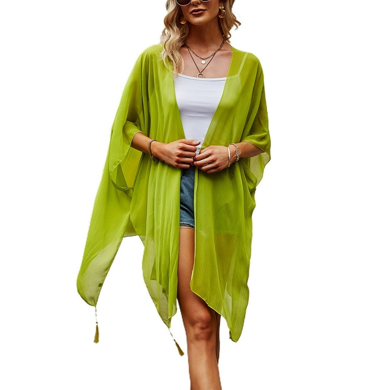 SWSMCLT Women s Lightweight Holiday Open Front Mesh See Through Bathing Suit Cover Up Summer Chiffon Sheer Soft Fringe Kimono Beach Cardigan Light Green One Size Walmart