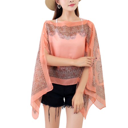 SWSMCLT Women's Beach Poncho Sheer Sun Protection Cape Tops Chiffon Soft Shawls Button Lightweight Printed Orange Small-X-Large