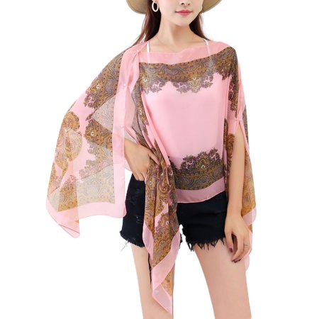 SWSMCLT Women's Beach Poncho Sheer Sun Protection Cape Tops Chiffon Soft Shawls Button Lightweight Printed Pink Small-X-Large