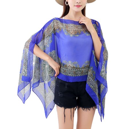 SWSMCLT Women's Beach Poncho Sheer Sun Protection Cape Tops Chiffon Soft Shawls Button Lightweight Printed Royal Blue Small-X-Large