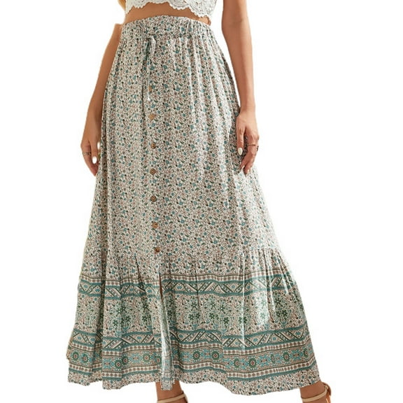 Jdlsppl Women's Boho Skirt High Waist Printed Beach Ruffle A Line Summer Fashion Peasant Travel Casual Button Green Small