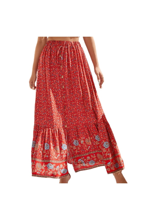 Jdlsppl Women's Boho Skirt High Waist Printed Beach Ruffle A Line Summer Fashion Peasant Travel Casual Button Red Large
