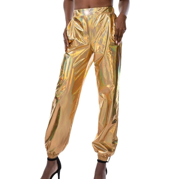 SWSMCLT Women's Casual Metallic Pants Shiny Hot Dance Casual Pants Long Trousers Halloween Stretch Elastic Waist Yellow Small