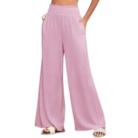 Jdlsppl Women's Casual Wide Leg Pants Palazzo Pant Baggy Cotton High Waisted Classic Empire Waist Elastic Band Trousers Pink 12-14