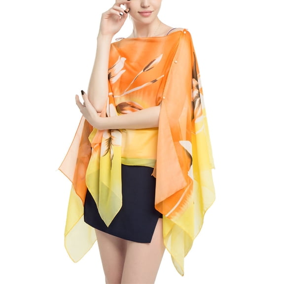 Jdlsppl Women's Cover Up Shirt Soft Sheer Poncho Summer Top Button Up Chiffon Blouse Beach Long Fashion Swing Elegant Cape Orange One Size