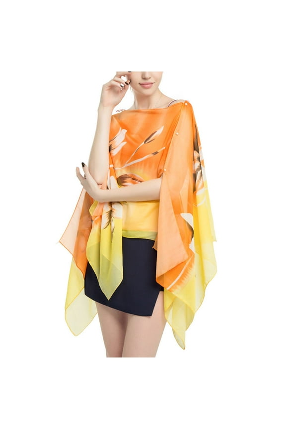 Jdlsppl Women's Cover Up Shirt Soft Sheer Poncho Summer Top Button Up Chiffon Blouse Beach Long Fashion Swing Elegant Cape Orange One Size
