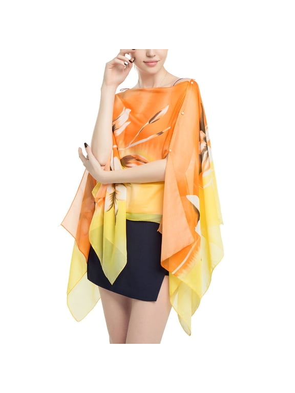 Jdlsppl Women's Cover Up Shirt Soft Sheer Poncho Summer Top Button Up Chiffon Blouse Beach Long Fashion Swing Elegant Cape Orange One Size