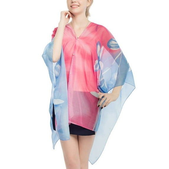 Jdlsppl Women's Cover Up Shirt Soft Sheer Poncho Summer Top Button Up Chiffon Blouse Beach Long Fashion Swing Elegant Cape Rose One Size
