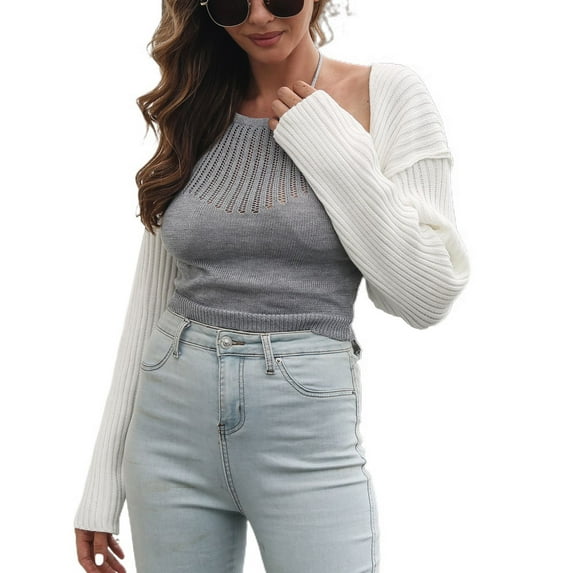 SWSMCLT Women's Long Sleeve Crop Bolero Shrug Sweater Casual Drop Shoulder Top Soft Fall Knit Cardigan Slim White X-Large