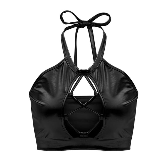 Jdlsppl Women's Crop Top Metallic Shiny Camisole Shirt Halter Backless Halloween Hollow Out Fashion Cami Shirt Black Small