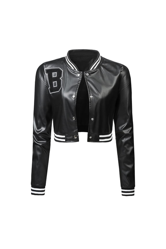 Jdlsppl Women's Cute Crop Coat Faux Leather PU Jacket Long Sleeve Vintage Fitted Fashion Cropped Top Black Medium
