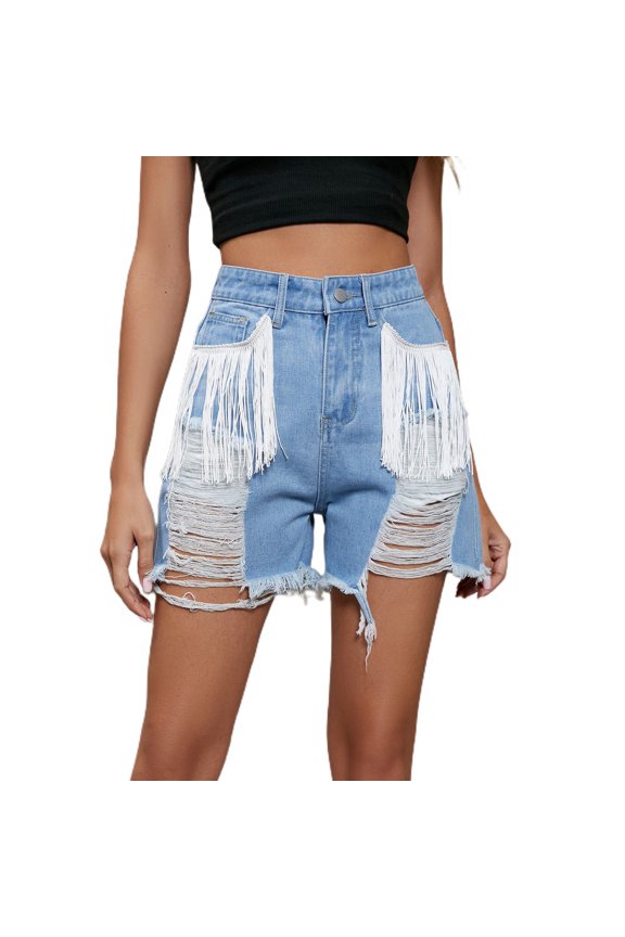 Women's Fashion Slim Fit High Waist Distressed Denim Shorts Casual Lightweight Frayed Fringe Ripped Jean Shorts Light Blue Small