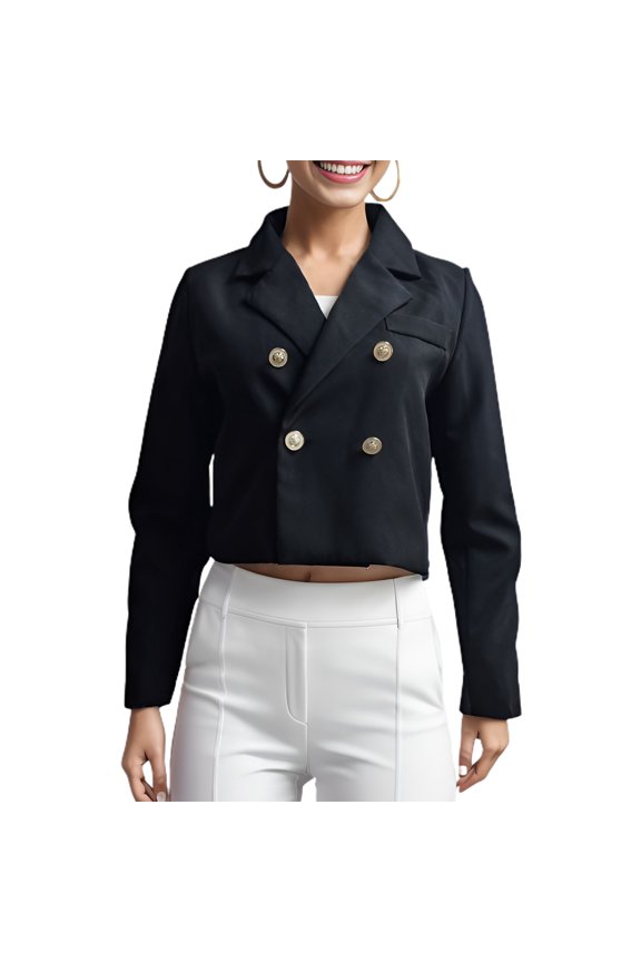 Jdlsppl Women's Double Breasted Blazer Button Long Sleeve Fashion Business Casual Short Casual Suit Jacket Black Large