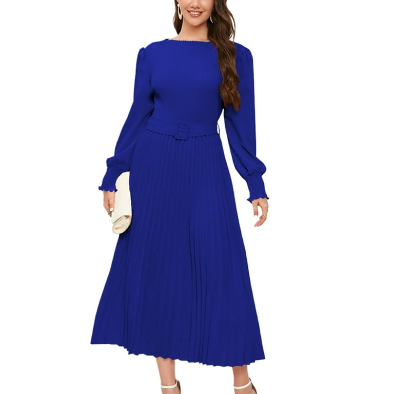 Jdlsppl Women's Fall Dress Ruffle Swing Dress Swing High Waist Dinner Long  Sleeve Ruched Elegant Chiffon Blue X-Large - Walmart.com