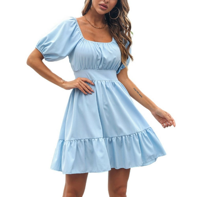 SWSMCLT Women s Fitted Swing Short Sleeve High Waist Fall Dresses Summer Dress Short Casual Ruched Swing Dress Blue Large