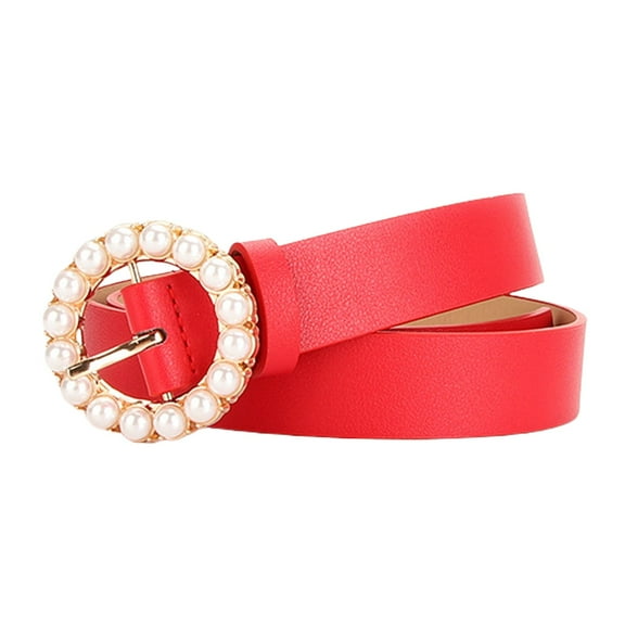 Jdlsppl Women's Faux Leather Belt Elegant Pearl Gold Metal Buckle Belt for Dress Fashion Slimming Beaded Casual Jeweled Belt Red One Size