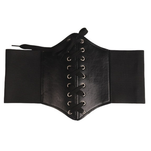 Jdlsppl Women's Faux Leather Corset Belt Vintage Ladies Elastic Stretch Cinch Belt Thick Wide Velcro Gothic Steampunk Waist Corset Chunky Retro Pirate Belt Black One Size