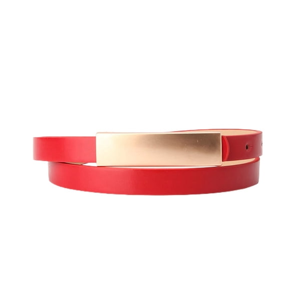 SWSMCLT Women's Gold Metal Buckle Party Club Faux Leather Skinny Belt for Dress Fashion Slimming Slim Narrow Dress Belts Red One Size