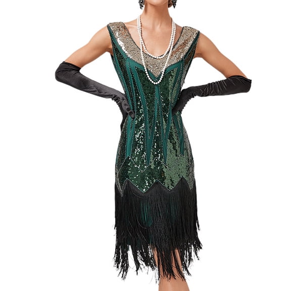 Jdlsppl Women's Flapper Dress Midi Fringe Tassel Glitter Silver Sparkle Rhinestone Beaded Swing Roaring 20s Gatsby Short Sequin Masquerade Dresses Green Large