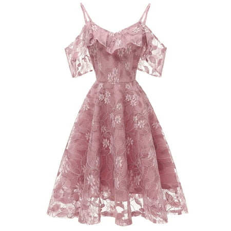 Jdlsppl Women's Floral Lace Cold Shouder Dress Homecoming Wedding Evening Gown Party Cocktail Dresses Ruffle Sleeve A Line Flowy Pink 8-10