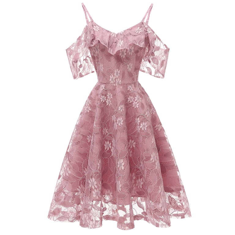Jdlsppl Women's Floral Lace Cold Shouder Dress Homecoming Wedding Evening Gown Party Cocktail Dresses Ruffle Sleeve A Line Flowy Pink 8-10