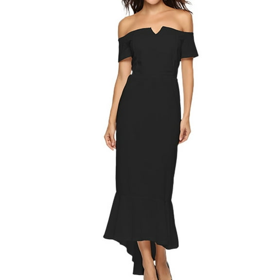 Jdlsppl Women's Formal Dress Slim Fit Off the Shoulder Ruffle Mermaid Cocktail Party Wedding Guest Bodycon Dinner Evening Long Fishtail Dresses Black Funeral 10