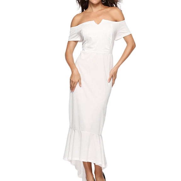 Jdlsppl Women's Formal Dress Slim Fit Off the Shoulder Ruffle Mermaid Cocktail Party Wedding Guest Bodycon Dinner Evening Long Fishtail Dresses White 12
