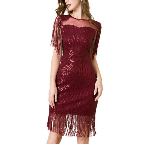 Jdlsppl Women's Fringe Dress 1930s Midi Bateau Neck Illusion Tassel Short Sleeve Glitter Silver Sparkle Beaded Swing Gatsby Roaring 20s New Years Eve Sequin Dresses Red Burgundy 14