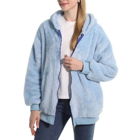 SWSMCLT Women's Fuzzy Jacket Hood Thermal Pocket Fleece Coat Long Sleeve Hoodie Outerwear Cute Full Zip Zipper Light Blue Medium