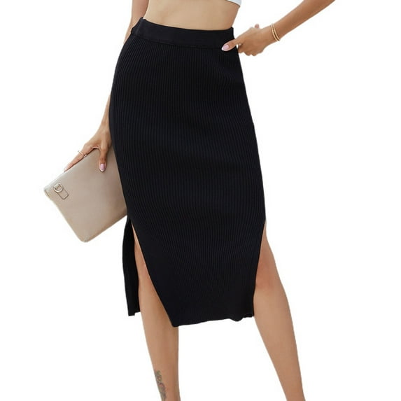 Jdlsppl Women's High Waist Pencil Skirt Side Splits SlitsMidi Straight Skirt Sexy Fitted Knit Holiday Elastic Sheath Skirt Black Large