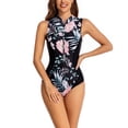 thumbnail image 1 of SWSMCLT Women's High Waisted Swimsuit Swimming Rash Guard Beach Bathing Suit Full Coverage Surf Padded Zip Curvy Black Flower XX-Large, 1 of 4