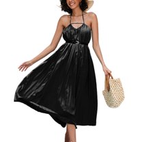 Jdlsppl Women's Long Dress Sexy Sundress Holiday V Neck Fall Beach Party Summer High Waist Cotton Dresses Black 14