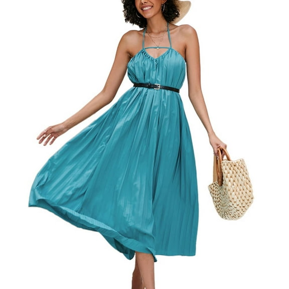 Jdlsppl Women's Long Dress Sexy Sundress Holiday V Neck Fall Beach Party Summer High Waist Cotton Dresses Blue 4-6