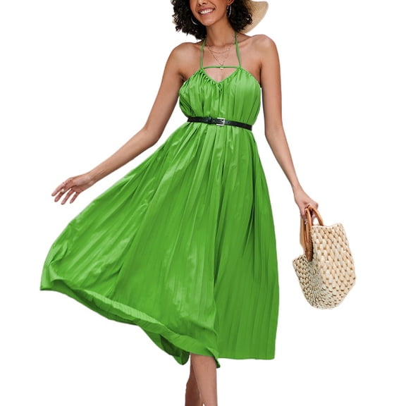 Jdlsppl Women's Long Dress Sexy Sundress Holiday V Neck Fall Beach Party Summer High Waist Cotton Dresses Green 4-6