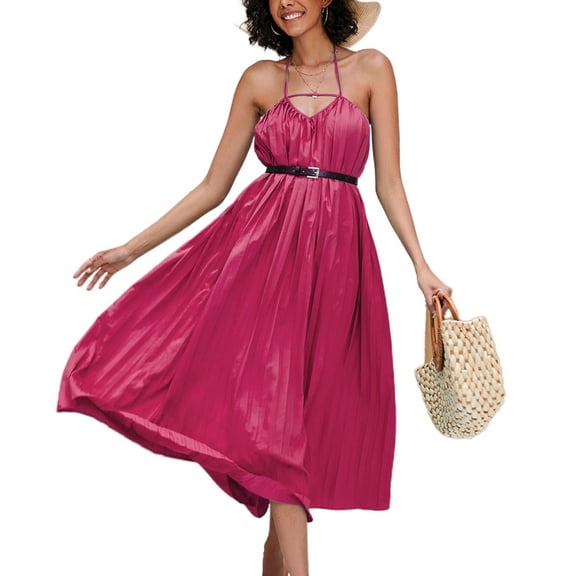 Jdlsppl Women's Long Dress Sexy Sundress Holiday V Neck Fall Beach Party Summer High Waist Cotton Dresses Red 16