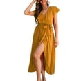 thumbnail image 1 of SWSMCLT Women's Long Dress Summer Sexy Wrap Front Spring High Slit Knotted Casual Party Dresses V Neck Ruffle Short Sleeve Swing Pleated Golden Medium, 1 of 4