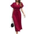 thumbnail image 1 of SWSMCLT Women's Summer Swing Elegant Long Dress V-Neck Wrap Sundress Fit & Flare Fashion Spring Short Sleeve Pleated Dresses Burgundy X-Large, 1 of 4
