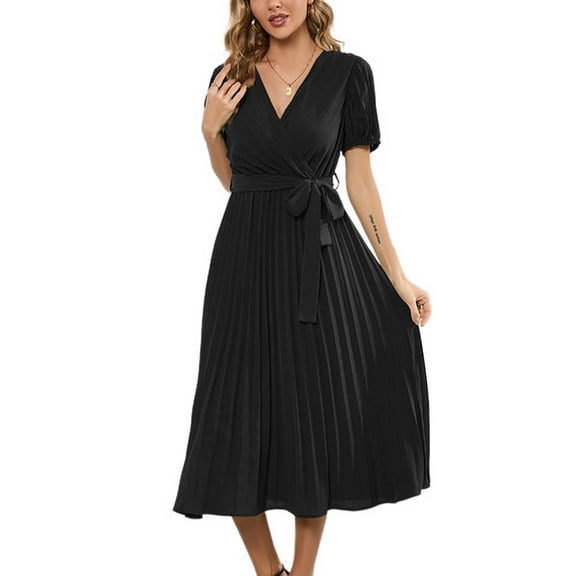 SWSMCLT Women's Short Sleeve High Waist Ruched Long Dresses Fall Dress V Neck Fitted Fashion Spring Sundress Black Large