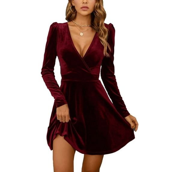 Jdlsppl Women's Long Puff Sleeve Mini Dress Velvet V Neck Wrap Short Sexy Elegant Fit and Flare Pleated A Line Cocktail Party Dinner Skater Dresses Burgundy Large