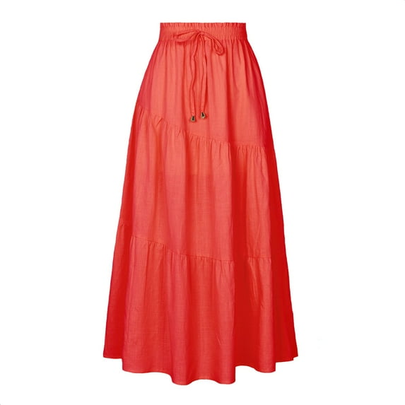 SWSMCLT Women's Long Skirt Ruffle Pleated Cotton Casual Elastic Waist A Line High Waisted Vintage Summer Orange 8