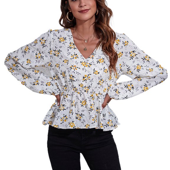 SWSMCLT Women's Long Sleeve Blouse V Neck Tops High Ruched Blouse Shirt Chiffon Peasant Work Cute Summer Patterned4 Small