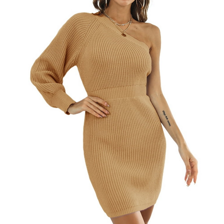 SWSMCLT Women's Ribbed Knit Knitted One Shoulder Bishop Sleeve