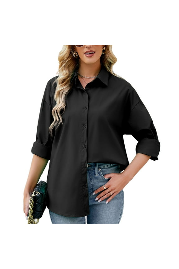 Jdlsppl Women's Long Sleeve Button Down Shirt Soft Blouse Summer Cotton Button Work Spring Button Up Shirt Black Medium
