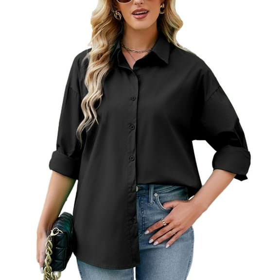 Jdlsppl Women's Long Sleeve Button Down Shirt Soft Blouse Summer Cotton Button Work Spring Button Up Shirt Black XX-Large