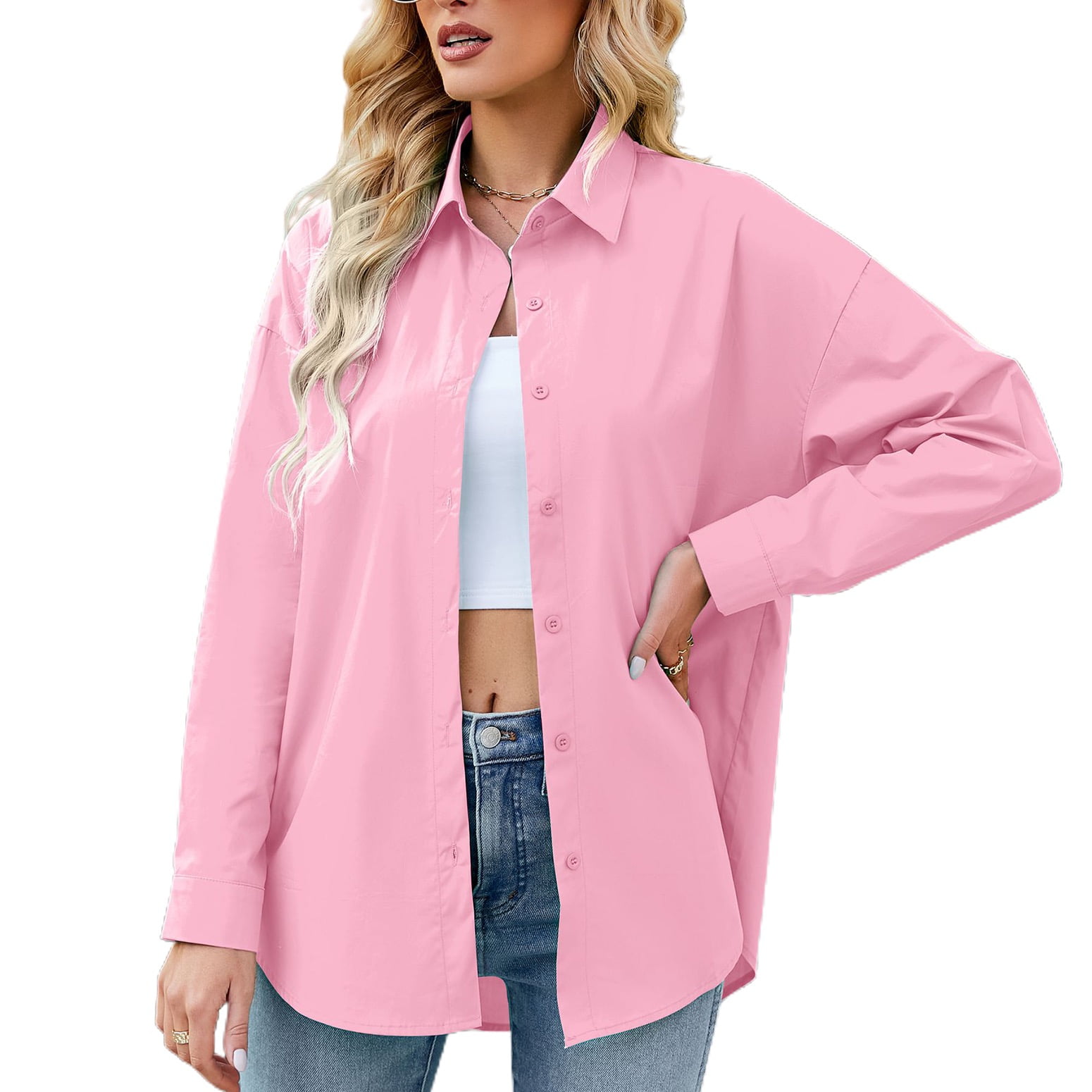 Tuck Long Sleeve Blouse シャツ　ジプソフィア　ピンク Jdlsppl Women's Long Sleeve Button Down Shirt Soft Blouse Summer