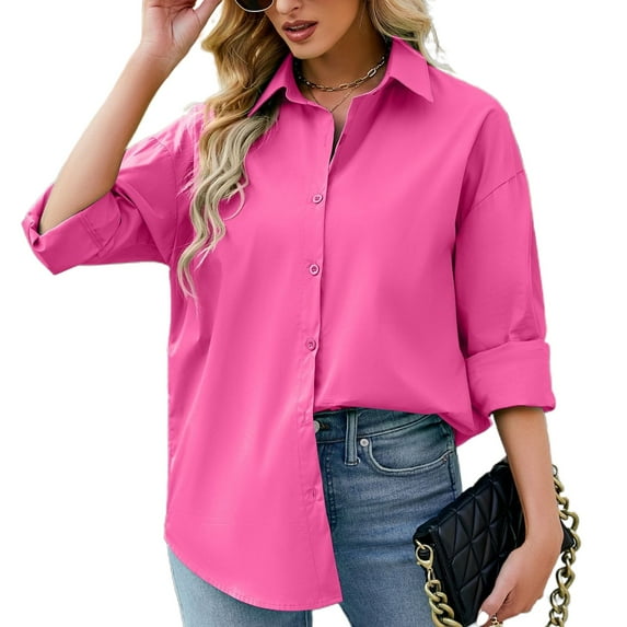 Jdlsppl Women's Long Sleeve Button Down Shirt Soft Blouse Summer Cotton Button Work Spring Button Up Shirt Rose X-Large
