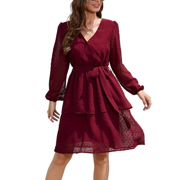 Jdlsppl Women's Long Sleeve Dresses Holiday Sundress Fall Midi Casual High Waist V Neck Chiffon Summer Dress Burgundy 4-6